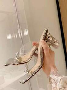 Ladies Summer Peep Toe Casual Sandals, New Square Toe Clear Crystal Decorated High Heel Sandals