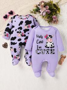 2pcs/Set Cute Cartoon Cow Print Footed Jumpsuit Romper - Purple - View 1