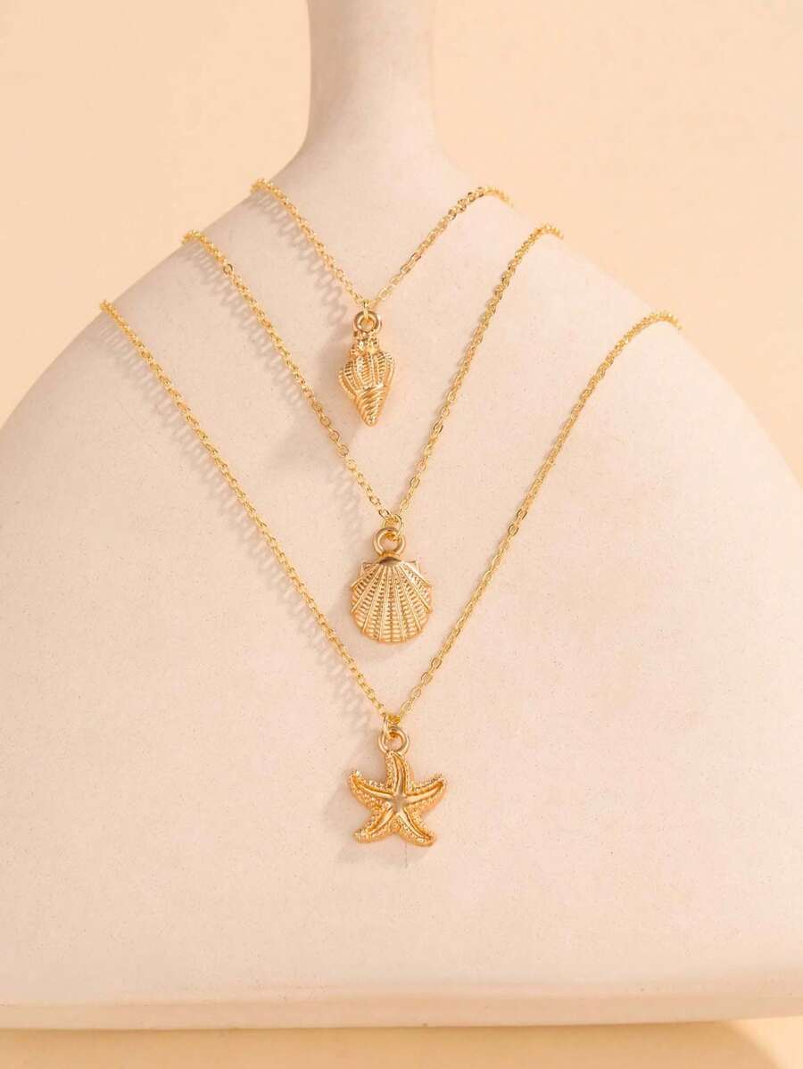 3 Pieces, Vacation Style, Ocean - Themed, Seashell & Starfish Pendant Necklaces For Women, Ideal For Beach Vacations, Poolside Parties, Tropical Getaways And Other Summer Outdoor Events - Multicolor - View 1