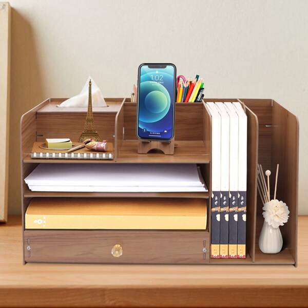Schreibtisch Organizer Dokumentenablage 4 Ebenen Büro Ablage mit Schubladen, Telefonhalter, Papierbox, Stifthalter, Dokumentenhalter für Schule Office, 48 x 23 x 28 cm