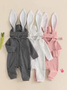 Easter Baby Zipper Romper Casual Solid Color Bunny Ears Hooded Long Sleeve Jumpsuit For Newborn Toddler