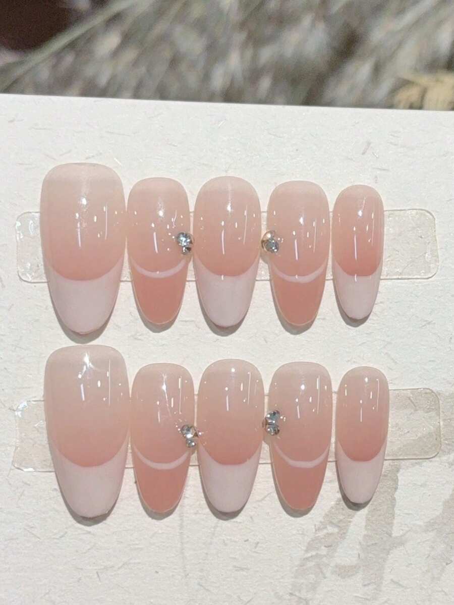 10pcs Almond Shaped Artisan Handcrafted Natural Tie Dye Gradient French Manicure Fake Nails Set With Delicate Line And Rhinestone Decorations, Reusable Nail Tips Suitable For Music Festival, Party, Daily Wear, Includes 1pc Nail Gel And 1pc Nail Buffer - Pink - View 1