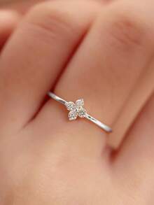 GAGAFEEL 1 Pc Delicate Elegant S925 Sterling Silver Flower Zirconia Ring Four-Leaf Clover Rings For Girl/Women/Girlfriend/Mother Retro Party Dating Gift Daily Wear Birthday Gift