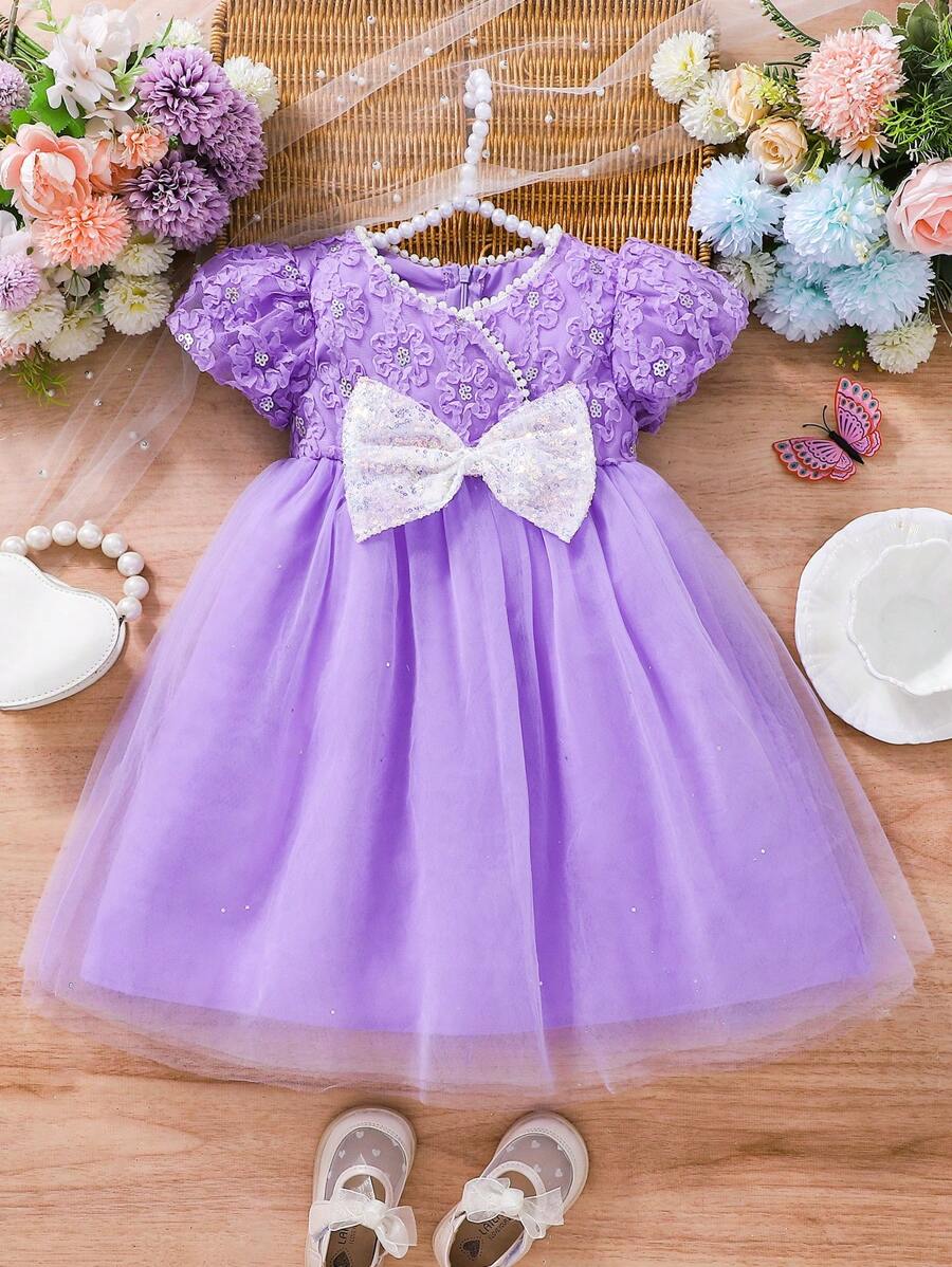 2025 Spring Summer New Girls Dress Toddler Baby Puff Sleeve Bowknot Mesh Princess Dress