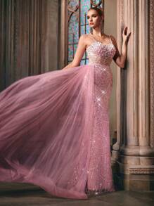 Đầm dạ hội mùa hè LUVISTRUE Goddess đính sequin và họa tiết ghép mảnh, đầm dạ hội đính cườm dành cho nữ, thích hợp cho dạ hội từ thiện, tiệc gala, tiệc sinh nhật, thảm đỏ, dạ hội tốt nghiệp, tiệc chiêu đãi, đầm maxi đuôi cá dây mảnh màu trơn. - Hồng - Xem 8