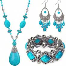 1set Retro Turquoise Beaded Sweater Chain, Necklace, Earrings And Bracelet Jewelry Set, Suitable For Women Daily Wear