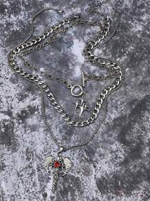 3pcs Vintage Multilay Star Pendant Necklace Set, Minimalist Stainless Steel Choker Necklace With Star, Heart Wing, Flame Cross Charm For Women And Men - Silver - View 4