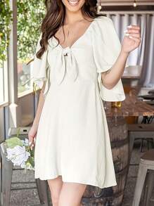 SANOPY Dresses For Women,Summer Dresses,Birthday Dress,Casual Dresses For Women,Sweet Pure White A-Line Dress Bow Front Design Sweet Style For Woman - 米色 - 查看 1