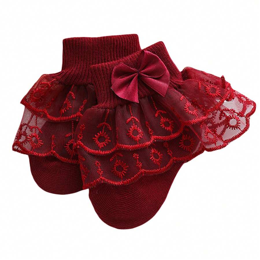 Baby Girls Ruffle Lace Socks, Super Soft Infant Ankle Socks Princess Dress Socks With Bow - Burgundy - View 1