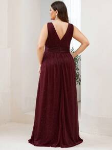 Plus Size Sexy Glitter V-Neck High Waist Burgundy Bridesmaid Dress - Burgundy - View 2