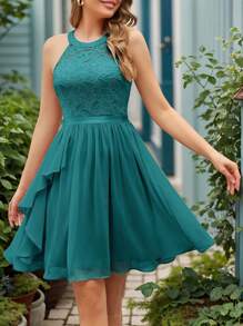 Vestido de encaje,Vestidos de dama de honor,Encaje,Adorno de cinturón,Dobladillo con volantes,Elegante,De moda,Ligero y fluido,Asimétrico,Adecuado para cenas formales,Cócteles