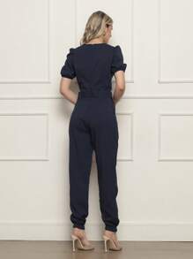 Plain V-Neck Jumpsuit In Linen Fabric With Casual Belt