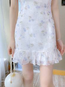 RUIWY 女式中国风雪纺修身迷你连衣裙，荷叶边领短袖，可爱女人味，春夏 - 白色 - 查看 11