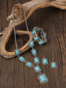 1set Retro Turquoise Beaded Sweater Chain, Necklace, Earrings And Bracelet Jewelry Set, Suitable For Women Daily Wear