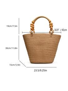 1 chiếc túi rơm kaki, túi tote bằng gỗ dệt hạt thời trang, túi đi biển hở miệng dung tích lớn, túi đeo vai phong cách nghỉ dưỡng thường ngày mùa hè cho phụ nữ - Màu Khaki - Xem 12