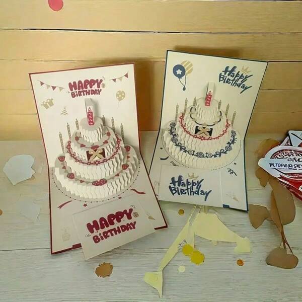 3D Birthday Card Cake, Candle Shaped, Colorful Happy Birthday Card, Birthday Party Gift, Foldable Greeting Card With Envelope, Cartoon Cake Birthday Card For Women