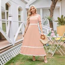 Fashion Casual Spring And Summer Square Neck Lace Back Pleated Puff Sleeve Dress - Army Green - View 4