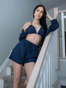 Carolina Barros 3入組女士透明網狀開襟長袖襯衫,背心上衣和短褲套裝 - 藏蓝色 - 查看 3