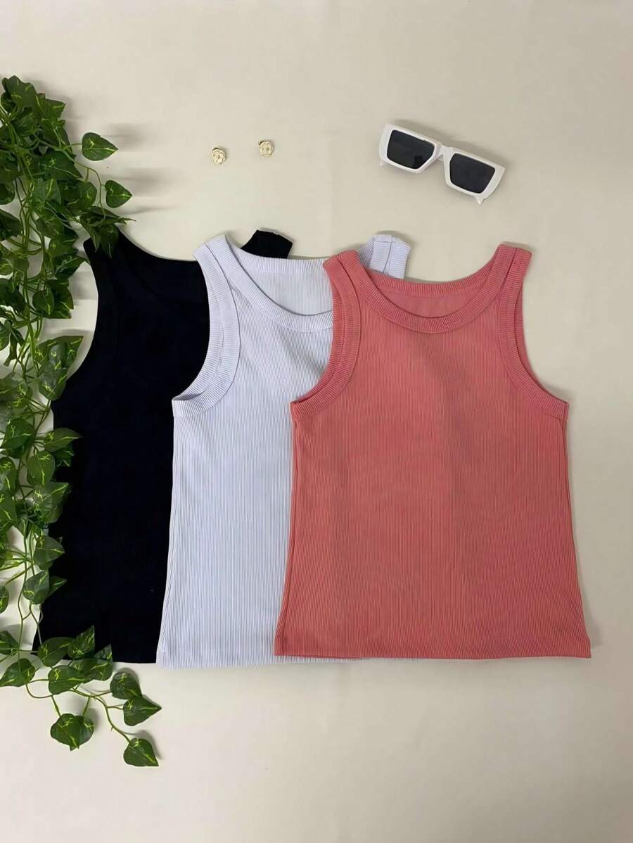 kit 3 blusas regata básica americana verão blogueira estilosa tendencia  dia  a dia - Preto/Branco/Goiaba - Visão 1