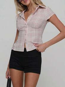 Women's Y2K Plaid Shirt Button-Up Short Sleeve Collared Slim Fit Casual Summer Blouse Tops - Hồng - Xem 4