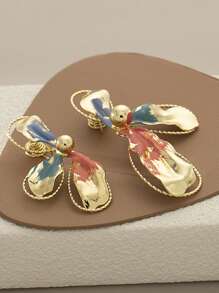 2Pairs Retro Handpainted Asymmetric Flower Clip-On Earrings For Women, Elegant Exaggerated Enamel Mosquito Coil Plate Non-Piercing Earrings - Gold - View 17