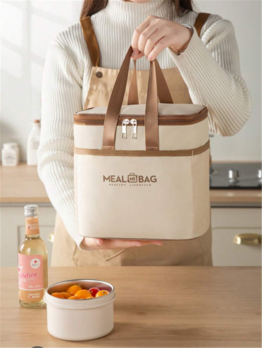 1pc Aluminum Foil Insulated Lunch Bag, Waterproof Oxford Cloth, , Handheld Bento Box/Lunch Bag, Large Capacity Picnic Cooler, Thermal Bag, Unisex - Beige - View 1