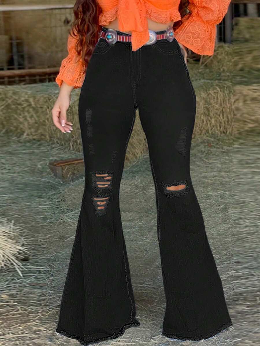 Women's Stretch Flared Jeans - Distressed Hem Denim Pants With Zip & Button Closure, Retro 70s Inspired Bell Bottoms For Leg-Lengthening Style - màu đen - Xem 1