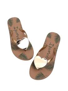 女士夏季金属爱心人字拖，热带植物花卉元素，柔软透气防滑人字拖凉鞋，适合音乐节 - 杏色 - 查看 5