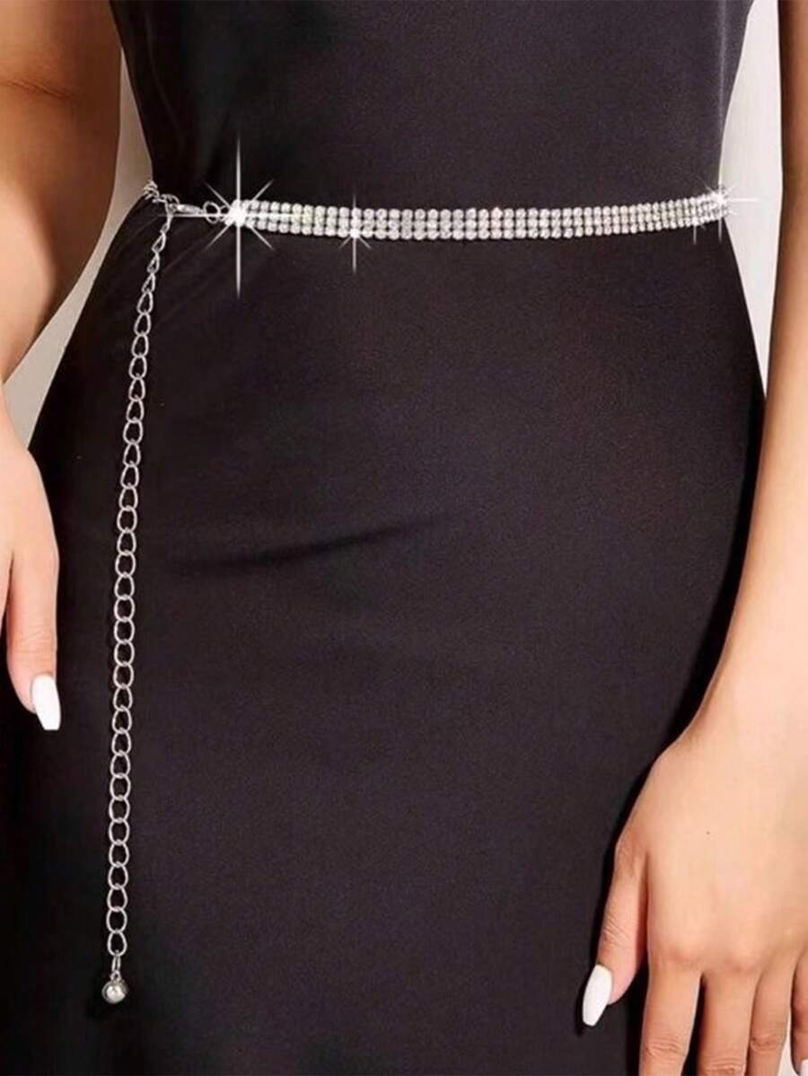 1PC Girl's Elegant Party Geometric Patterns Shaped Waist Chain With Rhinestone, Versatile Daily Dress Accessory Party,Valentine's Day Gift - Silver - View 1