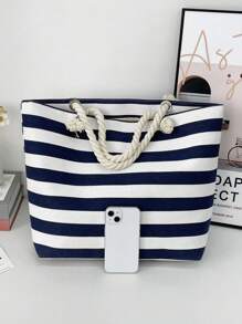 1 chiếc túi vải tote kẻ sọc thời trang dành cho nữ có quai xách bằng dây thừng, túi đeo vai dung tích lớn, thiết kế hở phía trên, không lót, thích hợp cho trường học, du lịch và mua sắm - Màu xanh hải quân - Xem 6