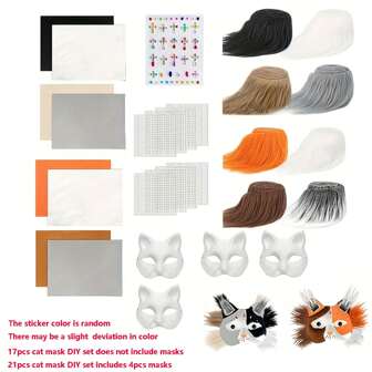 Cat Mask DIY Kit, Includes 4 Colors Faux Fur Mask, 8 Eye Nets, 1 Gem Sticker, 4 Colors Felt Pieces, 4 Cat Masks For DIY, Carnival, Roleplay, Party, Masquerade Ball Costume Accessory Set (17pcs Without Mask, 21pcs With Mask, Stickers Random)