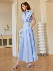 女士无袖纯色优雅中长衬衫裙，复古款领口连衣裙，优雅春夏连衣裙，女士毕业舞会节商务休闲装