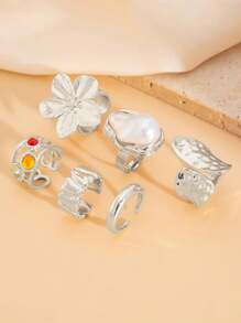 6 件套时尚简约精致高端优雅独特闪亮奢华几何花朵和宝石珍珠戒指套装适合女士日常珠宝 - 彩色 - 查看 4