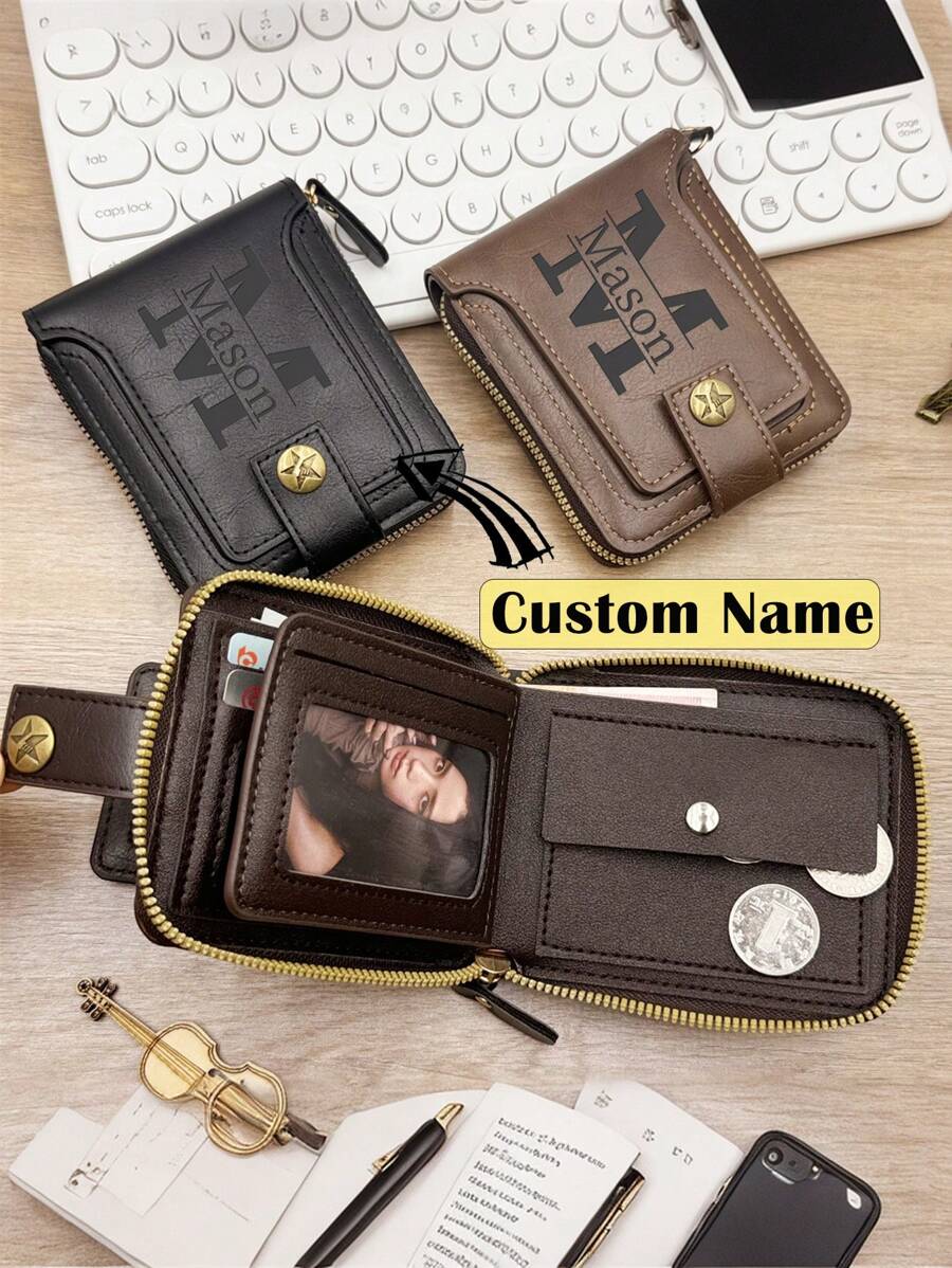 1 pièce Portefeuille homme personnalisé, de couleur unie, avec fentes pour cartes multiples, fermeture éclair, fente pour le permis de conduire, fentes renforcées pour cartes de crédit, poches multi-couches, portefeuille de mode, en matériau . Idéal pour la Fête des Pères, la Fête des Mères, Thanksgiving, un cadeau personnalisé avec nom ou logo. Style vintage en noir/marron/beige. Parfait pour le témoin, l'anniversaire, la Fête des Pères, la retraite et les cadeaux de Noël