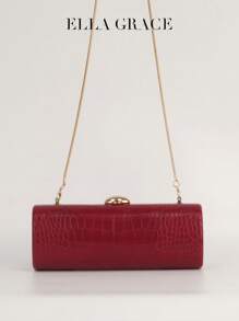 Elongated Box Bag In Burgundy With Faux Leather Embossed Pattern Exterior, Contrasting Chain Strap, Interior Lining And Metal Button Closure - Stylish And Functional For Parties, Weddings, Valentine's Day, Year-End Parties And Other Special Occasions