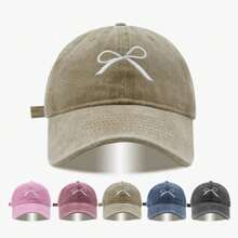 1pc Embroidered Bow Washed Snapback Cap, Breathable Outdoor Baseball Cap, Adjustable Golf Sun Hat For Women, Fashion Curved Brim Sun Hat For Men, Suitable For All Seasons - Embroidery - View 1