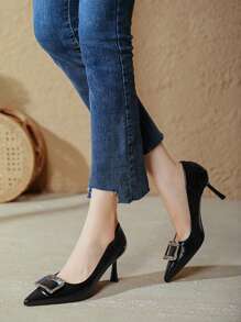 Plus Size Women's Pointed Toe Metal Buckle Decor Slip-On Low Heel Office Work Pumps, Sexy Stiletto High Heels Suitable For Business, Party, Dating, Available In Black, Brown, Grey