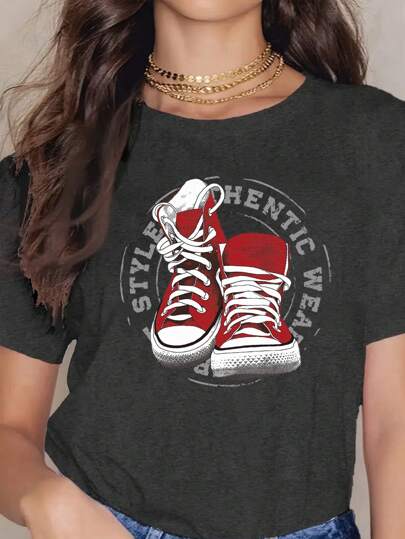 Leinwand-Schuh Muster, weißes T-Shirt, Frühling/Sommer lässiges Kurzarm Oberteil, Damenmode