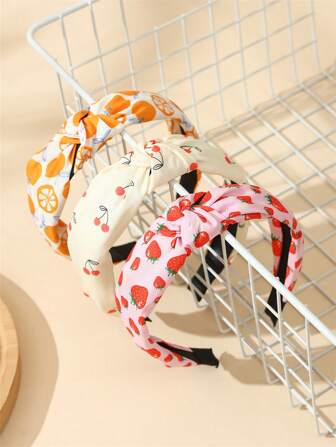 3 件女士甜美可爱面料草莓、樱桃、橙色宽边扭曲头带，打造高冠压缩，适合度假、旅行、约会、派对、日常外出穿着