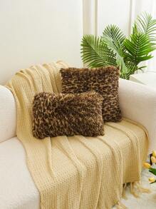 1 件咖啡棕色豹纹图案毛绒靠垫套（无填充物），现代法兰绒装饰抱枕套拉链开合，适用于家庭、沙发、客厅 - 咖啡棕 - 查看 2