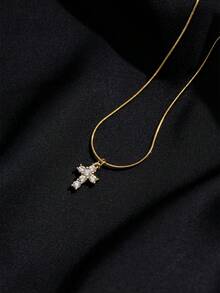 1pc Minimalist Elegant Stainless Steel Chain Necklace With Glittering Cubic Zirconia Cross Pendant, Classic & Versatile Women Jewelry Gift Suitable For Everyday Wear - Yellow Gold - View 3