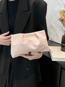 新款春夏时尚纯色手拿包24cm宽底褶皱云朵包纯色休闲信封包化妆包旅行配件包内胆包洗漱包收纳袋 - 粉色 - 查看 4