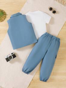 BrownBark Set casual per ragazzi: 3 pezzi con t-shirt a maniche corte tinta unita, giubbotto smanicato da esterno e pantaloni cargo casual, comodo e versatile - Blu - Visualizzare 10