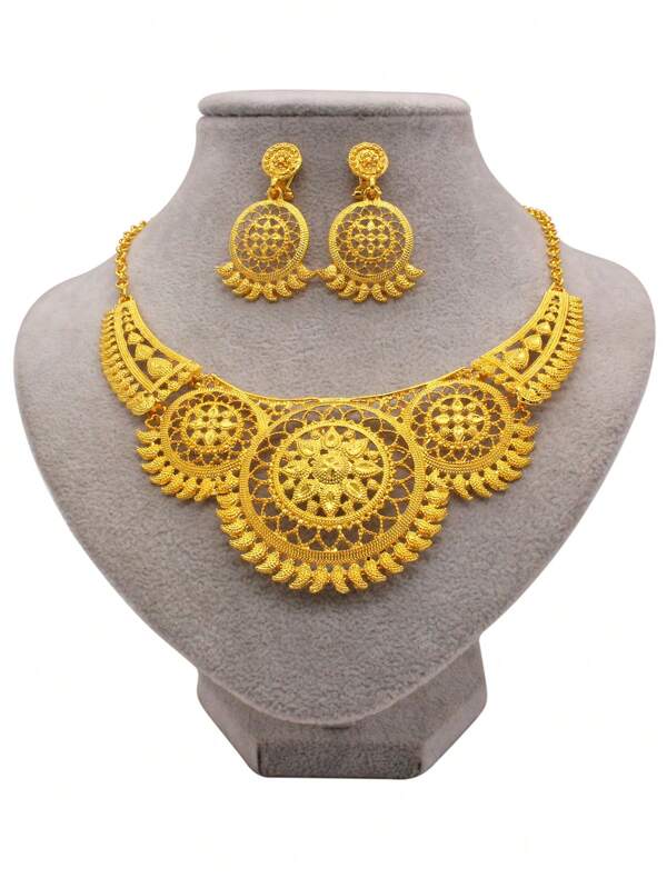 Conjunto de Joias na Cor Dourada, Conjunto de Colar e Brincos, Ornamento de Casamento em Dubai, Presentes de Noiva para Mulheres, Conjuntos de Joias para Festa Africana