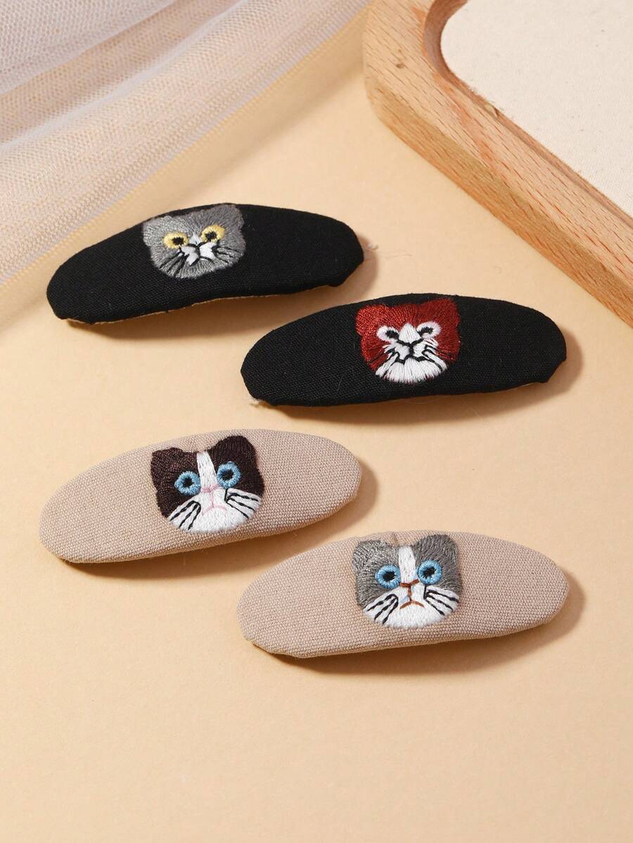 4 件套可爱刺绣小猫布艺发夹，时尚简约百搭发饰，适合日常佩戴 - 彩色 - 查看 1