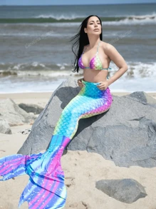 Carolina Barros بطباعة قشور السمك طقم بيكيني مثلث حمالة صدر & سروال بيكيني & ذيل حورية البحر تنورة بتغطية 3قطعات بدلة سباحة