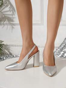 2025 European And American Fashionable Sexy Super High Heel Chunky Heel Women Pointed Toe Solid Color Versatile Pumps - Silver - View 4