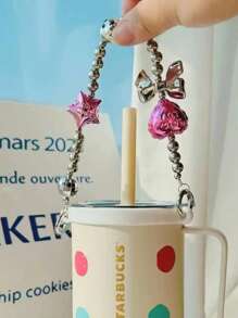 1 chiếc vòng tay hạt cườm mặt hình ngôi sao mạ bạc dành cho nữ có dây đeo điện thoại hình nơ, thiết kế thanh lịch (không bao gồm ốp điện thoại) làm quà tặng cho mẹ, gia đình, bạn bè, sinh nhật, ngày lễ - Màu Hồng Tươi - Xem 3