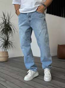 Jeans rectos clásicos para hombre con inserción de parche y bolsillos, casuales y versátiles