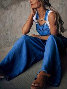 Women's Loose-Fit Adjustable Strap Wide-Leg Denim Overalls Jumpsuit